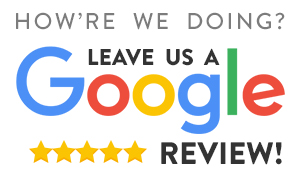 Google My Business review logo with five yellow stars and Google brand colors of blue, red, yellow and green.